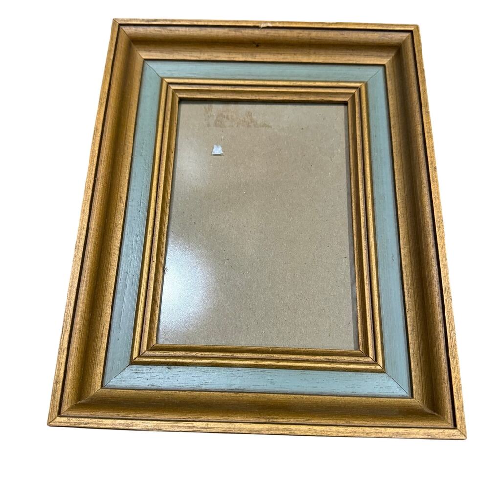 Vintage Ornate Solid Wood Picture Frame Gold Blue Painted 5x7 Size Wall Hanging